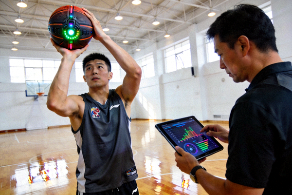 CBA篮球运动员在训练馆内使用智能篮球进行投篮训练，教练通过平板电脑查看实时数据