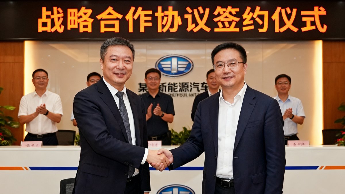 球盟会与某新能源车企签署战略合作协议的签约仪式现场照片，双方代表握手合影