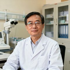 某三甲医院放射科主任陈教授的头像照片，戴着眼镜，身穿白大褂，背景为医院办公室